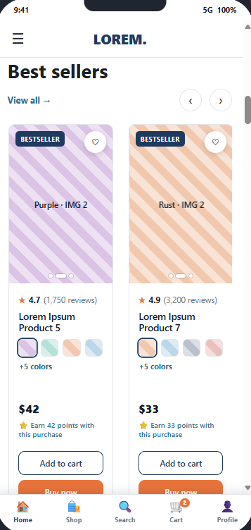 Recommended mockup - Add CTA and swatches to Best Sellers and products on Homepage